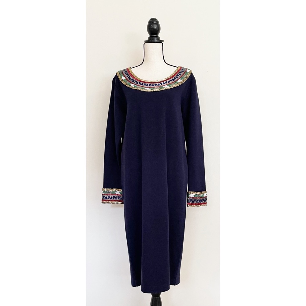 Vintage 80s Wool Beaded Midi Dress - Picture 2 of 6
